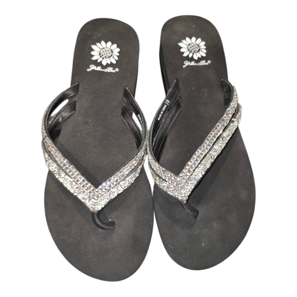 Yellow Box Black Rhinestone Embellished Flip Flops Sandals Size 10